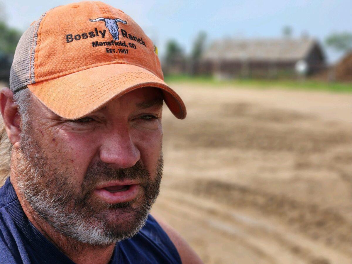 South Dakota farmer Jared Bossly said a proposed CO2 pipeline easement on his property would prevent him from expanding his cattle operation, on June 10, 2023. (Allan Stein/The Epoch Times)
