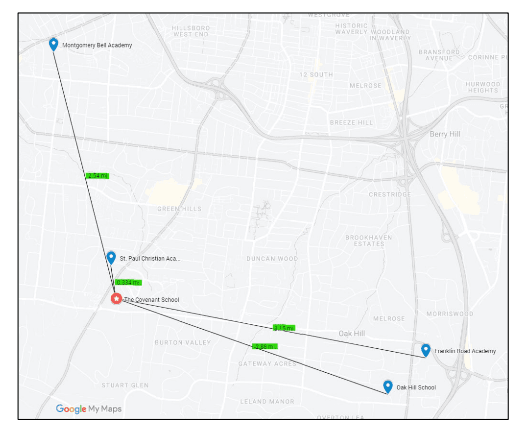 The four private schools included this map, showing the relation of their campuses to The Covenant School. The map was included in their brief showing support for the withholding of records related to the March 27 shooting. [Screenshot by The Epoch Times, Chancery Court of Nashville and Davidson County.]