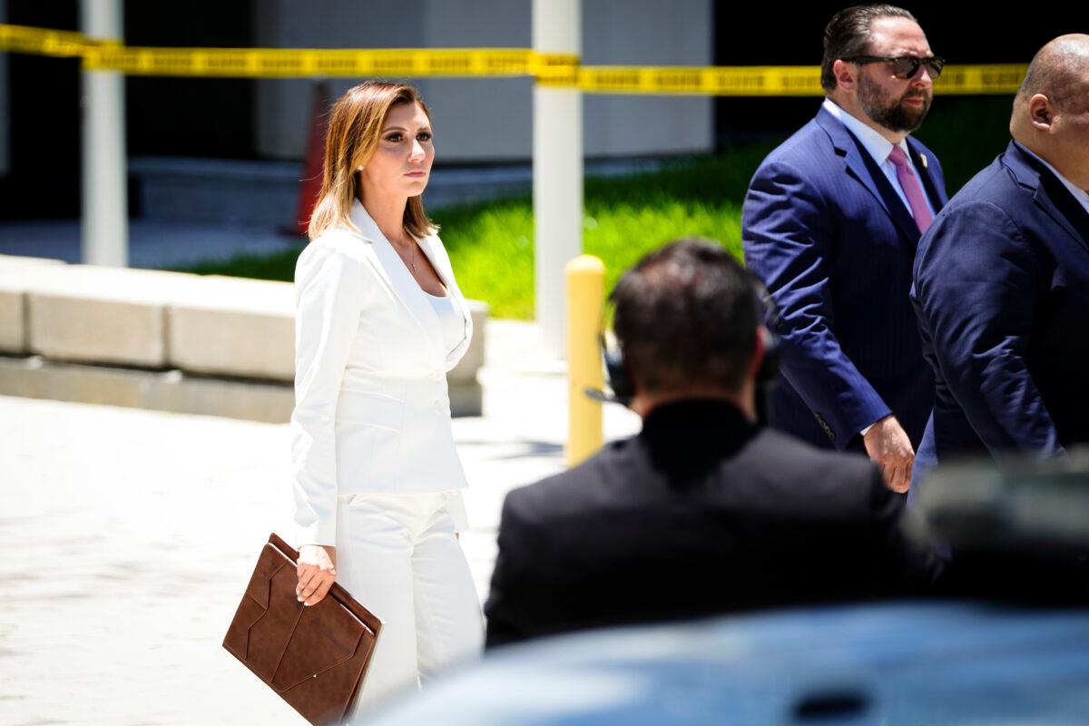  Alina Habba, an attorney and spokeswoman for former President Donald Trump, walks toward a media scrum outside the federal courthouse in Miami, Fla., on June 13, 2023. (Madalina Vasiliu/The Epoch Times)
