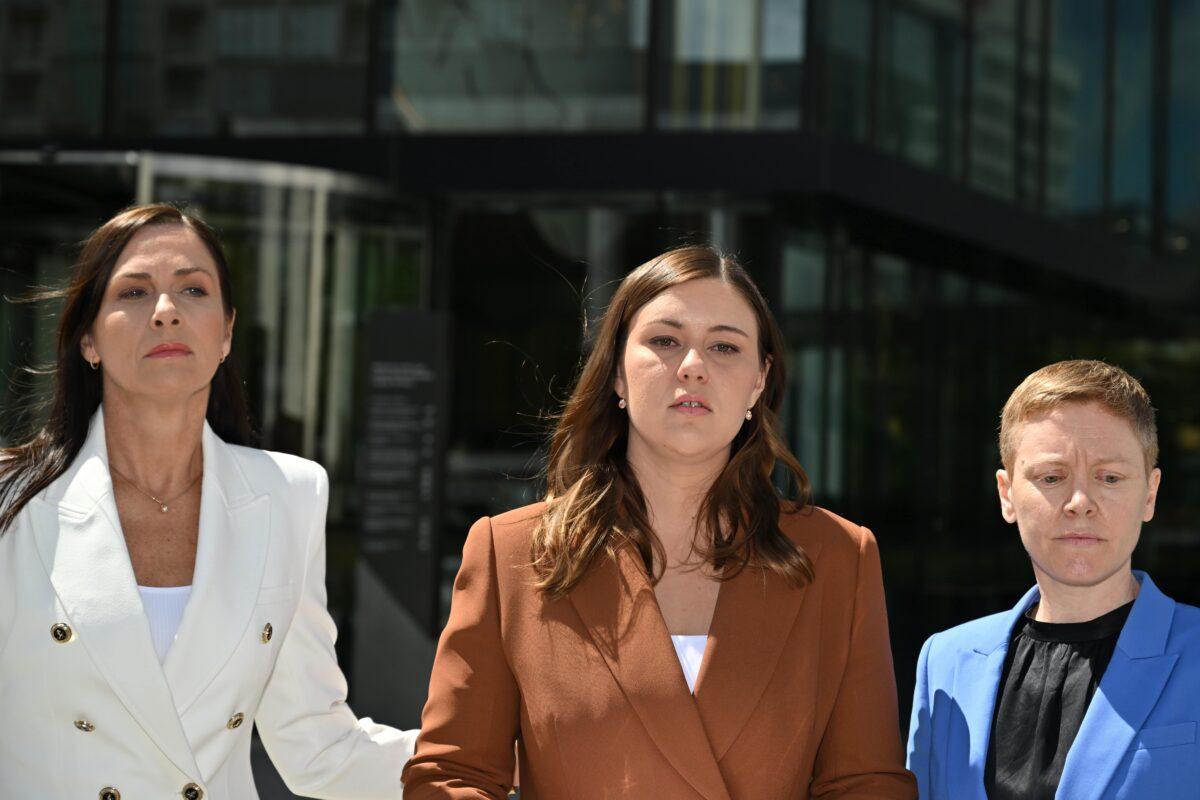 Former Liberal Party staffer Brittany Higgins makes a statement after leaving the ACT Supreme Court in Canberra, Australia, on Oct. 27, 2022. Former Liberal Party staffer Bruce Lehrmann is accused of raping a colleague Brittany Higgins at Parliament House in 2019. (AAP Image/Mick Tsikas)
