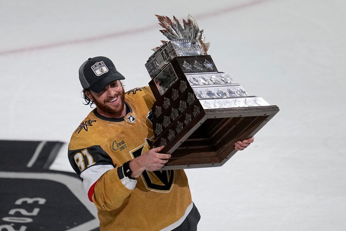 Vegas Golden Knights right wing Jonathan Marchessault hold the Conn Smythe Trophy after the Knights defeated the Florida Panthers in Game 5 of the NHL hockey Stanley Cup Finals against the Florida Panthers in Las Vegas on June 13, 2023. (Abbie Parr/AP Photo)