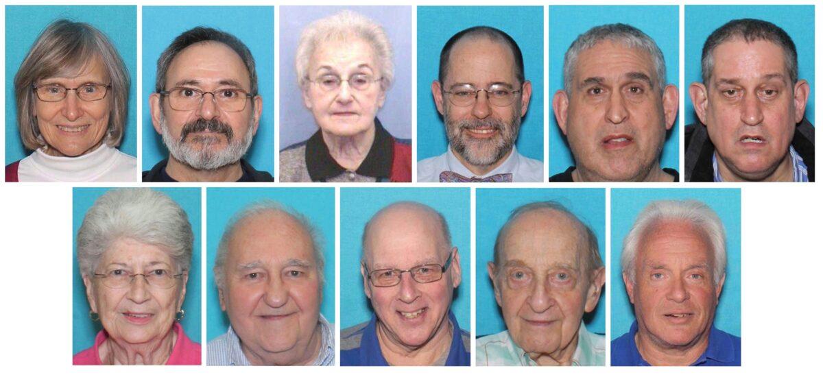 The victims of assault on the Tree of Life synagogue in Pittsburgh on Oct. 27, 2018, top row (L-R), Joyce Fienberg, Richard Gottfried, Rose Mallinger, Jerry Rabinowitz, Cecil Rosenthal, and David Rosenthal; bottom row (L-R), Bernice Simon, Sylvan Simon, Dan Stein, Melvin Wax, and Irving Younger. (United States District Court Western District of Pennsylvania via AP)