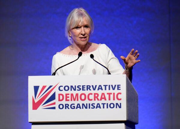 Nadine Dorries gives a speech during the Conservative Democratic Organisation conference at Bournemouth International Centre, Bournemouth, England, on May 13, 2023. (Andrew Matthews/PA Media)