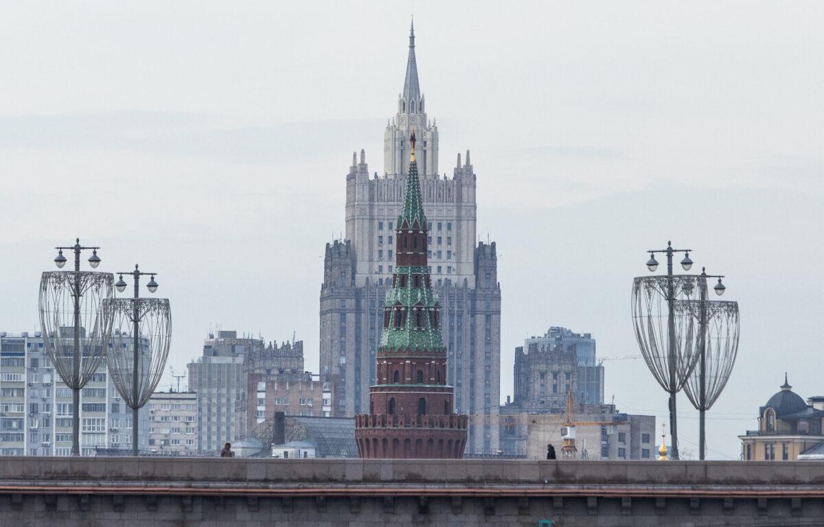 The Russian Foreign Ministry headquarters next to one of the towers of Moscow’s Kremlin on March 15, 2023. (Maxim Shemetov/Reuters)