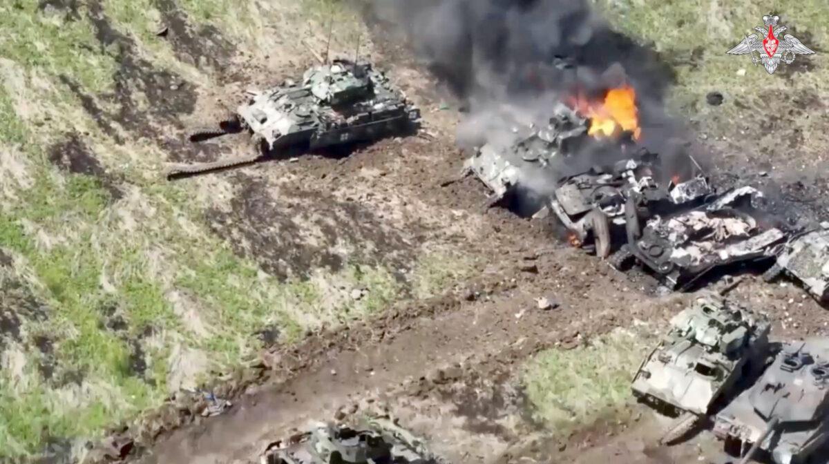 A still image from a video shows what Russia claims to be destroyed armored vehicles of the Ukrainian armed forces, in the southern Donetsk region of Ukraine on June 10, 2023. (Russian Defense Ministry via Reuters)
