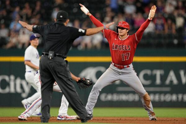 Shohei Ohtani (17) of the Los Angeles Angels reacts after stealing second base during the ninth inning against the Texas Rangers at Globe Life Field in Arlington, Texas, on June 13, 2023. (Sam Hodde/Getty Images)