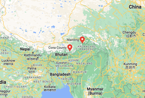 Milin [Mainling] and Cuona [Cona] counties in the Tibet Autonomous Region (TAR) along the border with India's Arunachal Pradesh were upgraded to cities on April 3, 2023. (Screenshot of Google map)