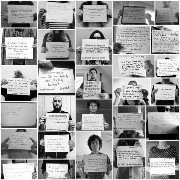 An undated campaign photo from the non-profit charity PSSD Network. The photo shows PSSD sufferers displaying their personal experiences on cards in an attempt to raise awareness of the condition. (PSSD Network)