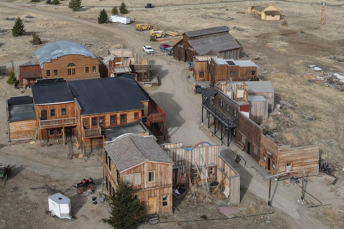 Buildings used on the set of the movie "Rust" after filming resumed following the 2021 shooting death in New Mexico of cinematographer Halyna Hutchins, in Livingston, Mont., on April 22, 2023. (Drone Base/Reuters)