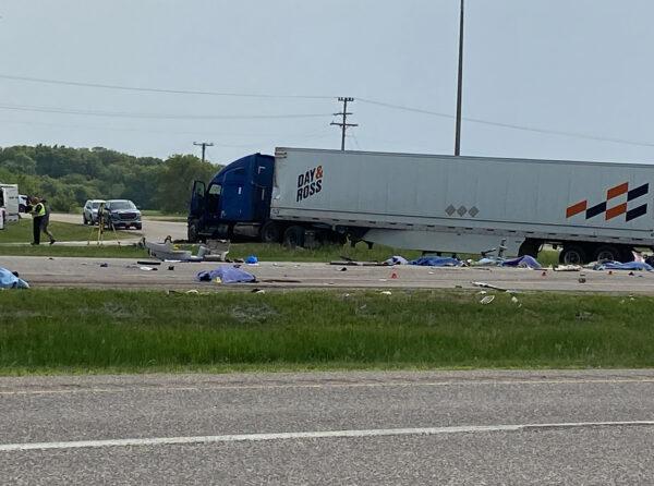 The scene of a crash that left 15 people dead near Carberry, Manitoba, on June 15, 2023. (Steve Lambert/The Canadian Press)