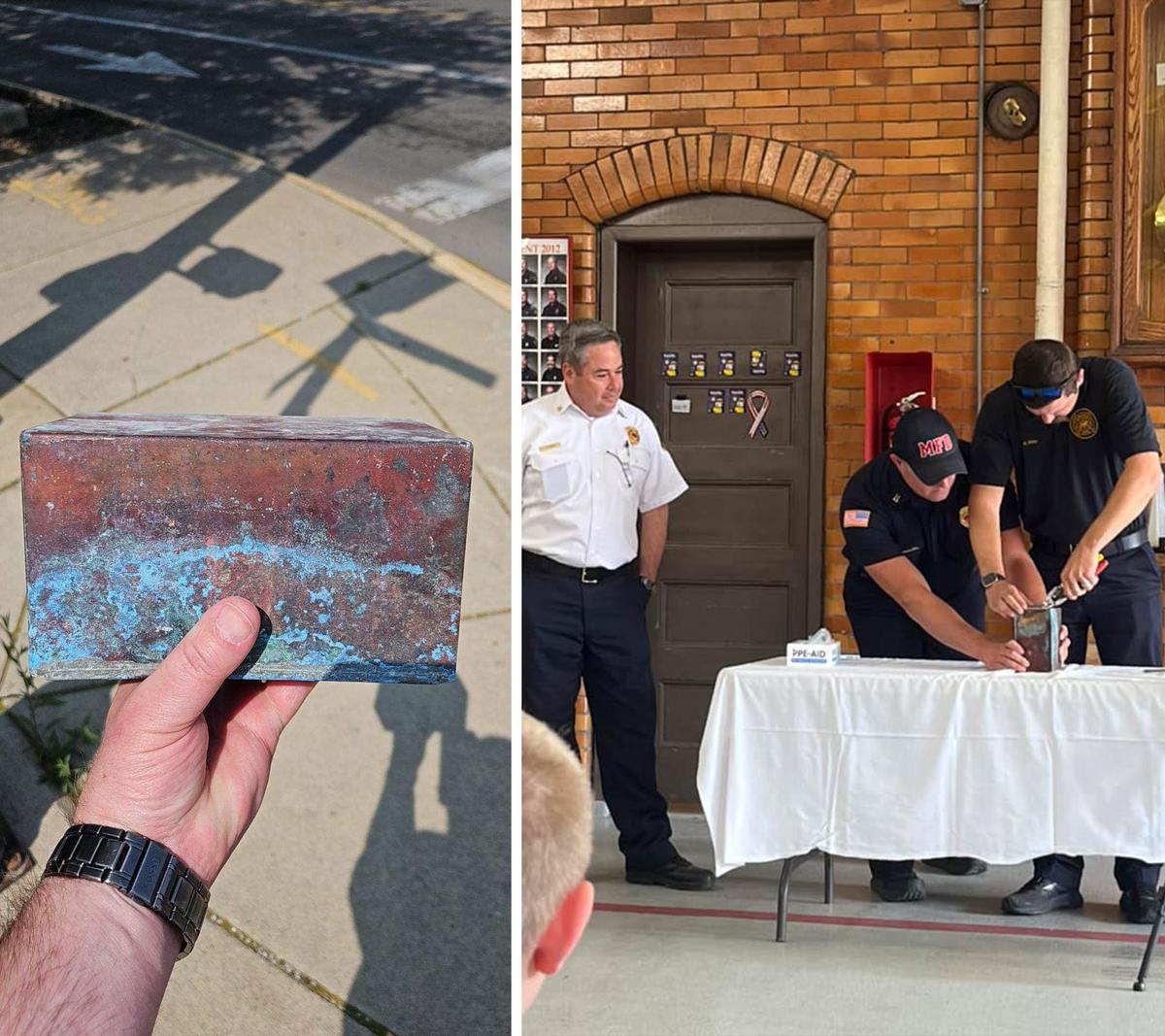 Firefighters display a time capsule discovered while preserving the cornerstone of old Station One of the Marion Ohio Fire Department. (Courtesy of City of Marion Ohio Fire Department)