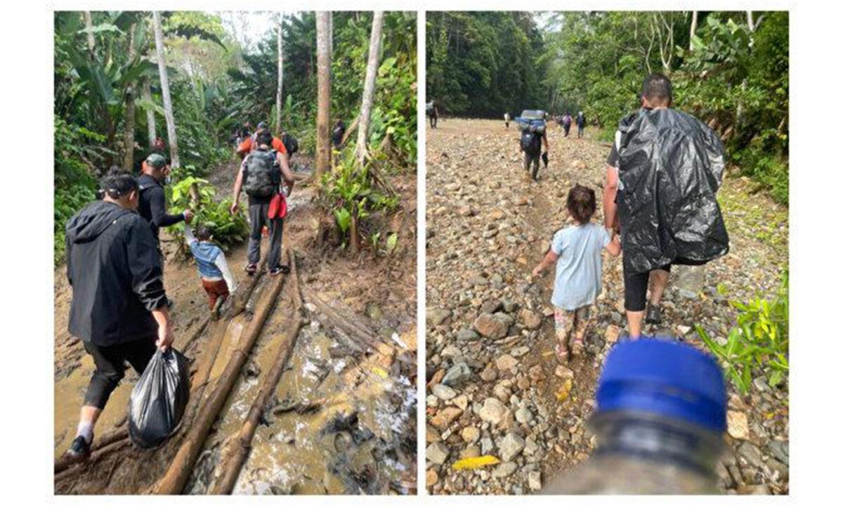 The picture shows refugees, including children, traveling through the Panama rain forest in May 2023. (Courtesy of Chen Weijie)