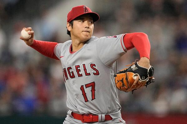 Shohei Ohtani (17) of the Los Angeles Angels pitches during the first inning against the Texas Rangers at Globe Life Field in Arlington, Texas, on June 15, 2023. (Sam Hodde/Getty Images)
