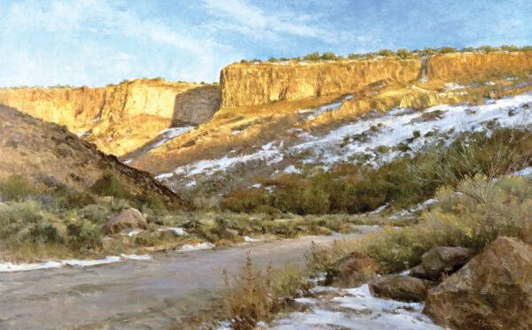 “In the Golden Hour” by John Encinias. Oil on linen; 30 inches by 48 inches. (Courtesy of the National Cowboy & Western Heritage Museum)