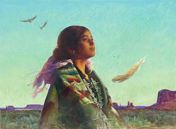 Robert Lougheed Memorial Award: “Golden Feather” by Huihan Liu. Oil on linen; 18 inches by 24 inches. (Courtesy of the National Cowboy & Western Heritage Museum)