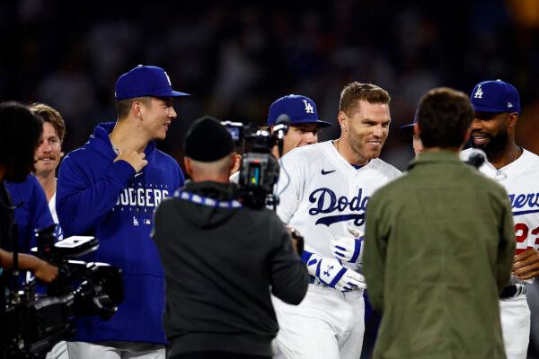 Freddie Freeman (5) of the Los Angeles Dodgers celebrates a walk off single against the Chicago White Sox in the eleventh inning at Dodger Stadium in Los Angeles on June 15, 2023. (Ronald Martinez/Getty Images)