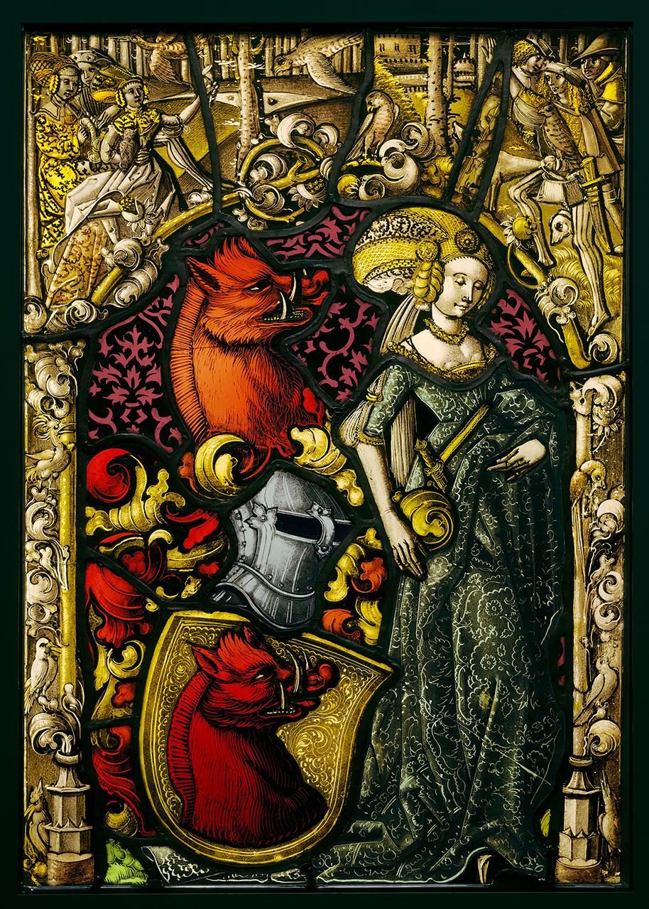 "Heraldic Panel With the Arms of the Eberler Family," circa 1490, by unknown maker. Pot-metal, flashed, and colorless glass, vitreous paint, and silver stain, lead came; 17 5/16 inches by 12 3/16 inches. J. Paul Getty Museum, Los Angeles. (Public Domain)