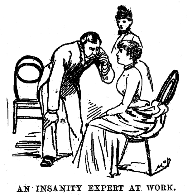 Illustration of Bly being examined by a psychiatrist, from her account in “Ten Days in a Mad-House,” 1887. Penn University library. (Public Domain)