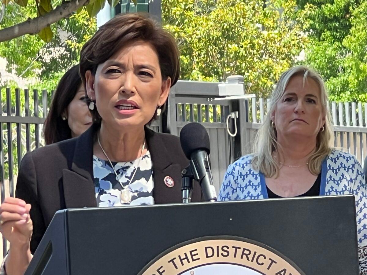 Rep. Young Kim (R-Calif.) speaks at a press conference regarding a sharp rise in organized crime, including home burglaries and robberies in the United States that are linked to Chilean nationals, in Santa Ana, Calif., on June 16, 2023. (Brad Jones/The Epoch Times)