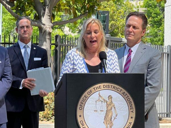 A crime victim speaks at a press conference regarding a sharp rise in organized crime including home burglaries and robberies in the United States that are linked to Chilean nationals, in Santa Ana, Calif., on June 16, 2023. (Brad Jones/The Epoch Times)