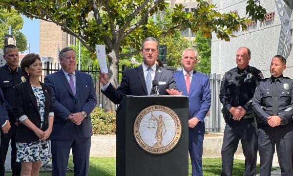 Orange County District Attorney Todd Spitzer speaks at a press conference regarding a sharp rise in organized crime including home burglaries and robberies in the United States that are linked to Chilean nationals, in Santa Ana, Calif., on June 16, 2023. (Brad Jones/The Epoch Times)