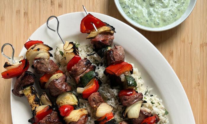 Grilled Steak Kebabs With Spicy Cilantro Sauce