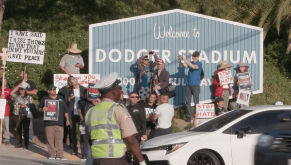 A still image from video taken by NTD of thousands gathering at the gates of Dodger Stadium to protest against Los Angeles Dodgers' decision to honor an anti-Catholic drag queen group at its annual LGBT celebration at the Dodger Stadium in Los Angeles on June 16, 2023. (NTD Television)