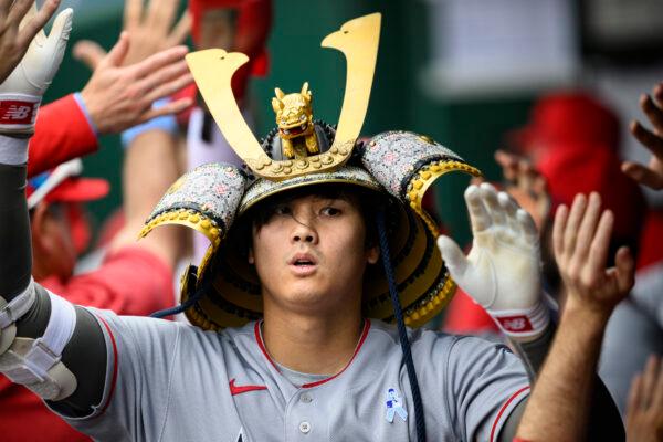 Los Angeles Angels' Shohei Ohtani celebrates after hitting a home run during the fifth inning of a baseball game against the Kansas City Royals in Kansas City on June, 18, 2023. (Reed Hoffmann/AP Photo)