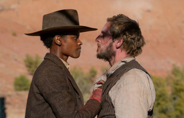 Mo Washington (Letitia Wright) confronts bandit Tommy Walsh (Jamie Bell), in "Surrounded." (Metro-Goldwyn-Mayer)