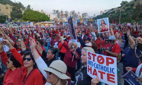 Thousands gather at the gates of Dodger Stadium to protest against the Los Angeles Dodgers' decision to honor an anti-Catholic drag queen group at its annual LGBT celebration in Los Angeles on June 16, 2023. (Courtesy of Catholic Vote)