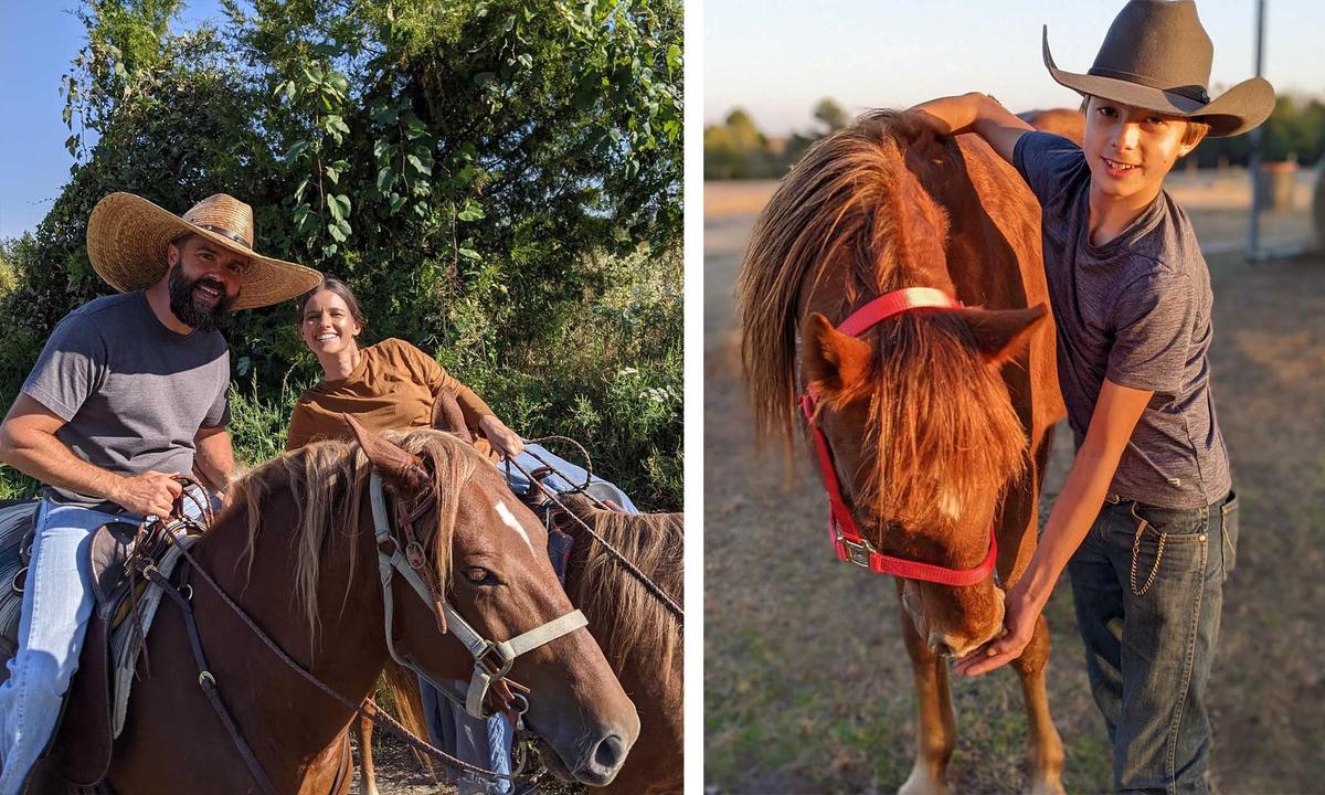 (Left) Joe and Faith Wilder ride horses on their Texas plot; (Right) One of Matt's younger brothers tends to a horse. (Courtesy of <a href="https://www.youtube.com/@TheTexasBoys">The Texas Boys</a>)