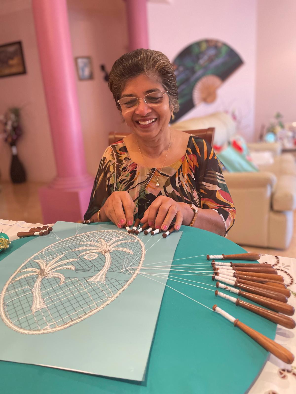 Carol D’Silva's mother, Nelinda, also made lace for the dress depicting their Indian hometown of Goa, the city famous for its endless beaches. (Courtesy of Carol D'Silva)