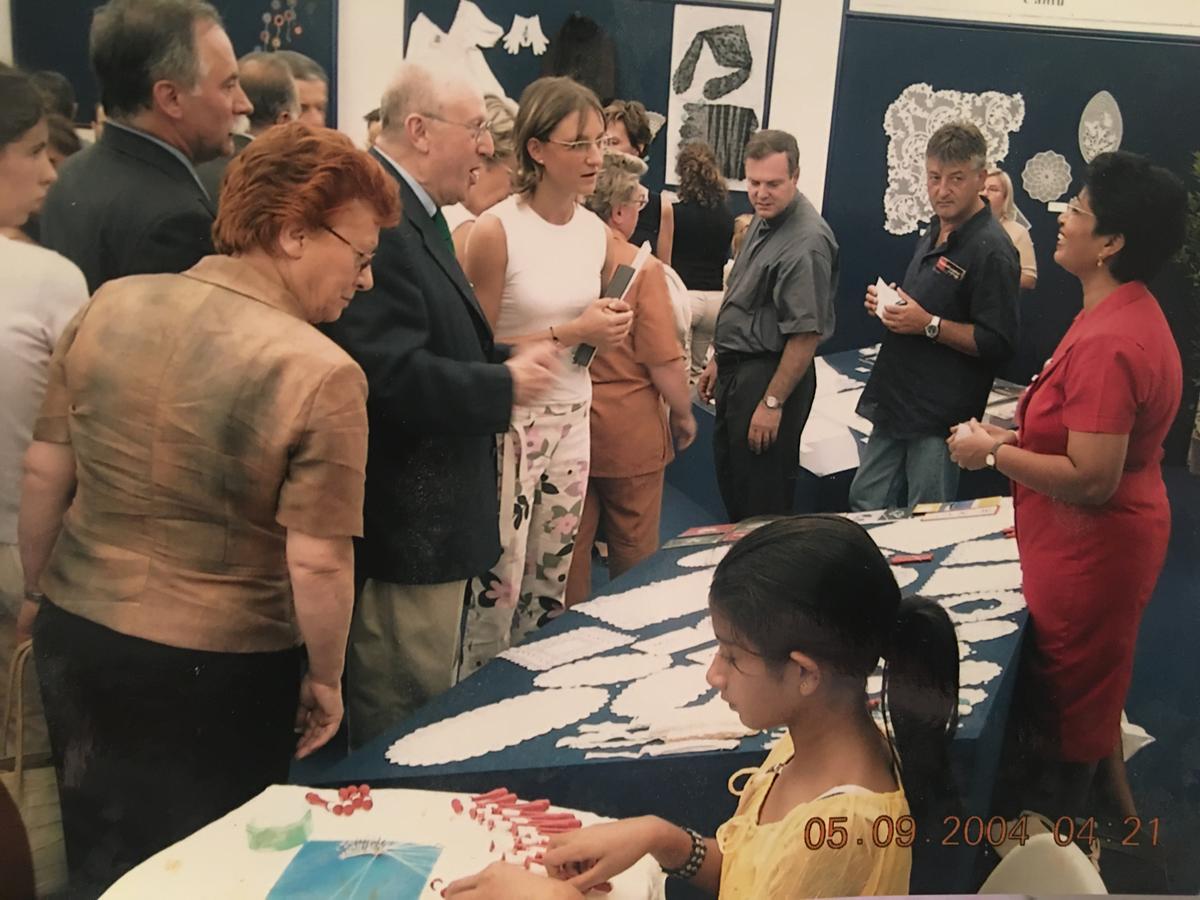 Carol D'Silva, aged 12, at the 22nd International Bobbin Lace Exhibition in Novedrate, Italy, in 2004. (Courtesy of Carol D'Silva)