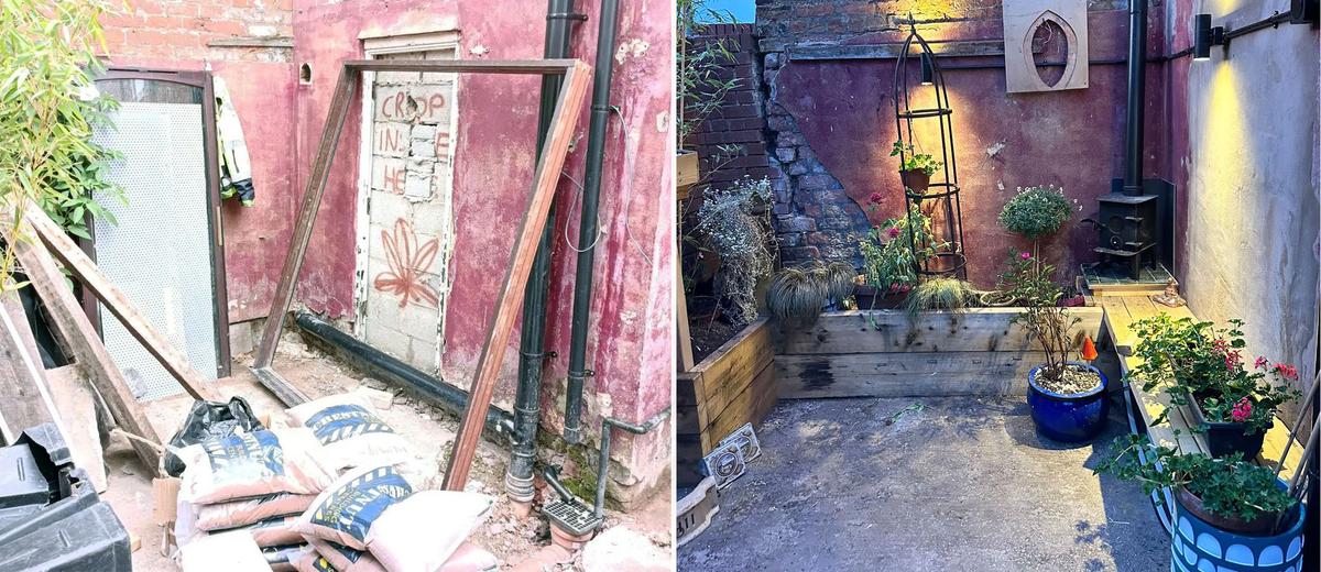 The backyard before and after renovation. (Courtesy of <a href="https://www.instagram.com/homesforapound/">Maxine Sharples</a>)