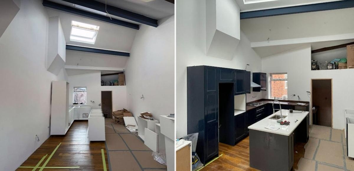 The kitchen during and after renovation. (Courtesy of <a href="https://www.instagram.com/homesforapound/">Maxine Sharples</a>)