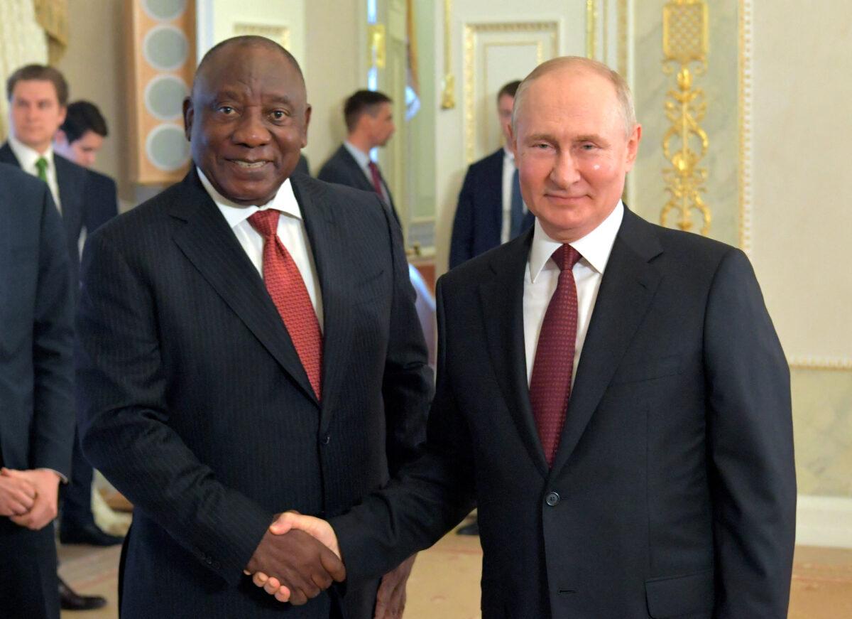 Russian President Vladimir Putin meets with a delegation of African leaders in Saint Petersburg, Russia, on June 17, 2023. (Yevgeny Biyatov/RIA Novosti via Reuters)
