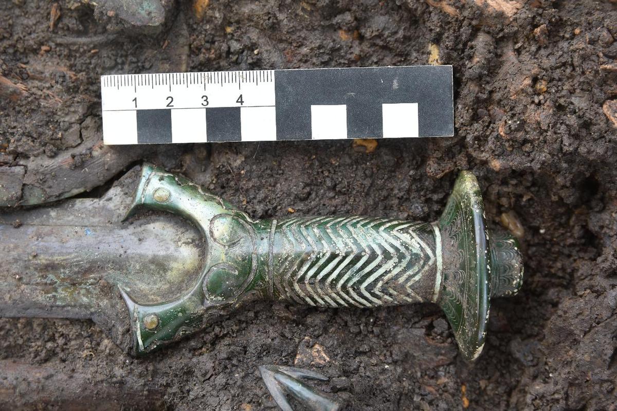 Detail of a Middle Bronze Age sword found in Nördlingen, Germany. (Courtesy of Archäologie-Büro Dr. Woidich/Sergiu Tifui)