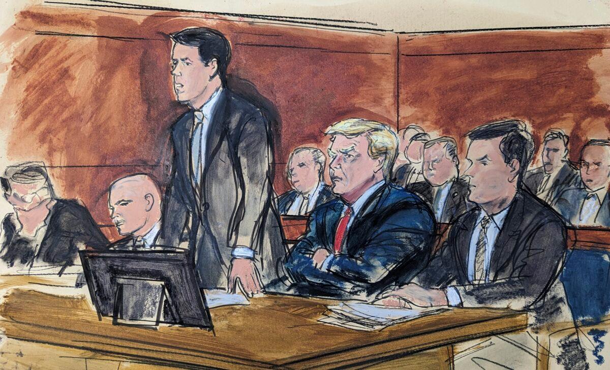 In this courtroom sketch, attorney Todd Blanche stands as he enters a plea of not guilty on behalf of former President Donald Trump, second from right, in federal court in Miami on June 13, 2023. From left: Stanley Woodward, Walt Nauta, Blanche, Trump, and Chris Kise. (Elizabeth Williams via AP)