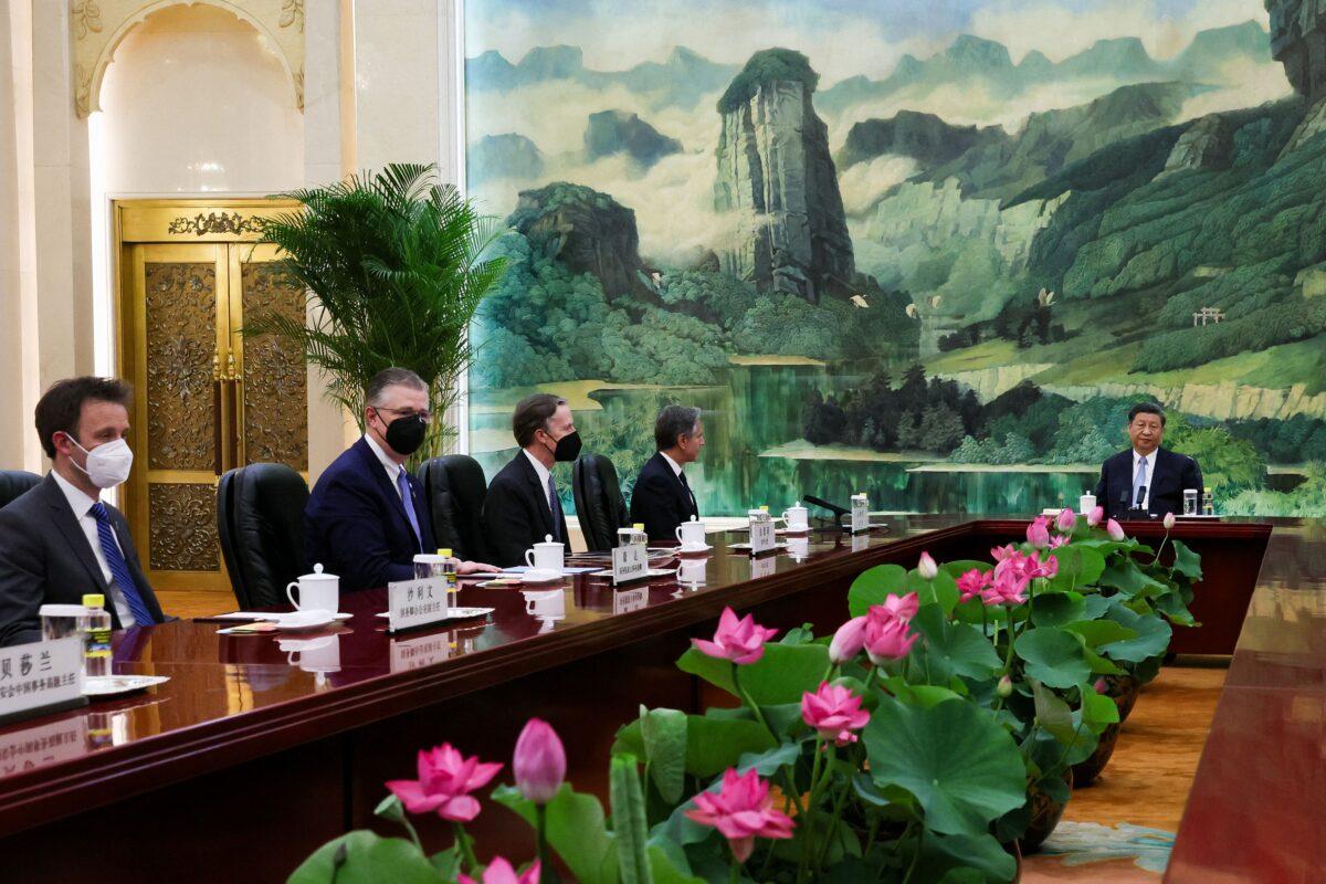U.S. Secretary of State Antony Blinken (4th L) attends a meeting with Chinese leader Xi Jinping (R) at the Great Hall of the People in Beijing on June 19, 2023. (Leah Millis/AFP via Getty Images)