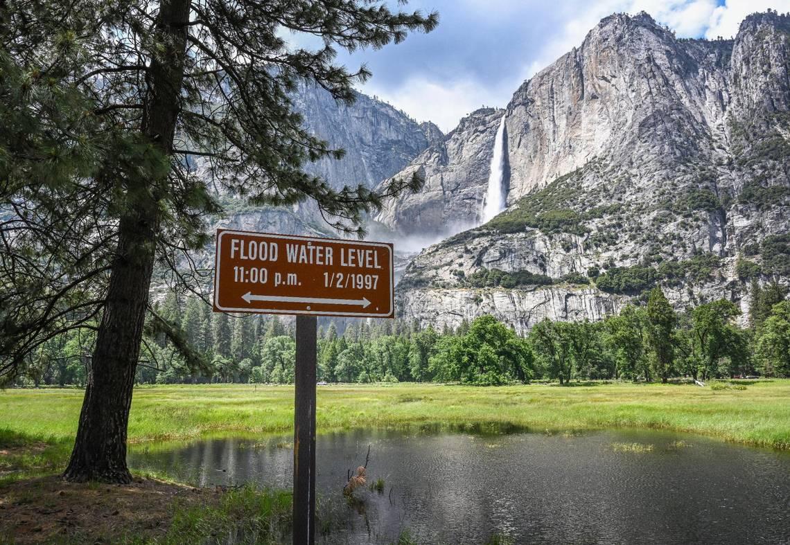 A marker shows the level of the 1997 Yosemite Valley flood while the meadow across from Upper Yosemite Falls has flooded but not nearly at that level in Yosemite Valley on Tuesday, June 14, 2023. (Craig Kohlruss/The Sacramento Bee/TNS)