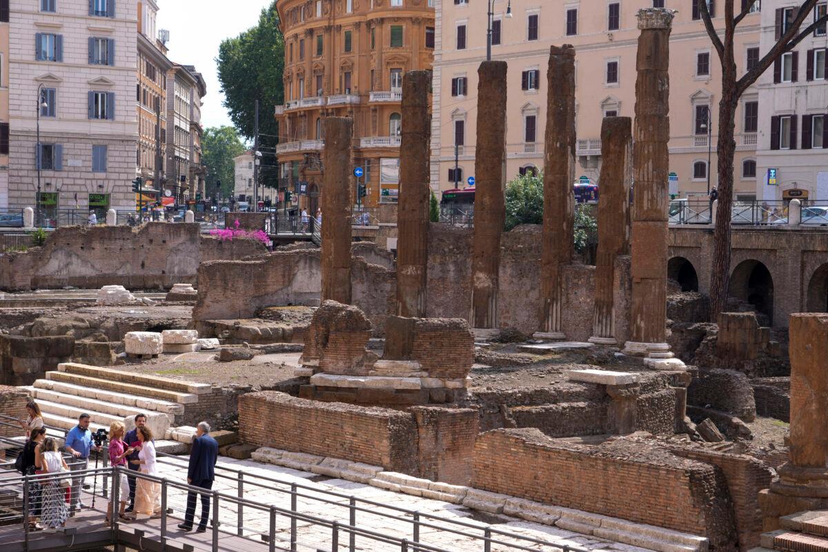 Journalists visit the new walkways of the so called "Sacred Area" where four temples stand in the middle of one of modern Rome's busiest crossroads on June 19, 2023. (Domenico Stinellis/AP Photo)