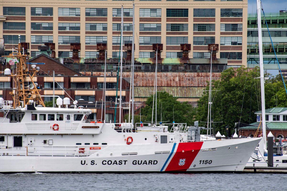 A U.S. Coast Guard vessel sits in port in Boston Harbor across from the U.S. Coast Guard Station Boston in Boston on June 19, 2023. (Joseph Prezioso/AFP via Getty Images)
