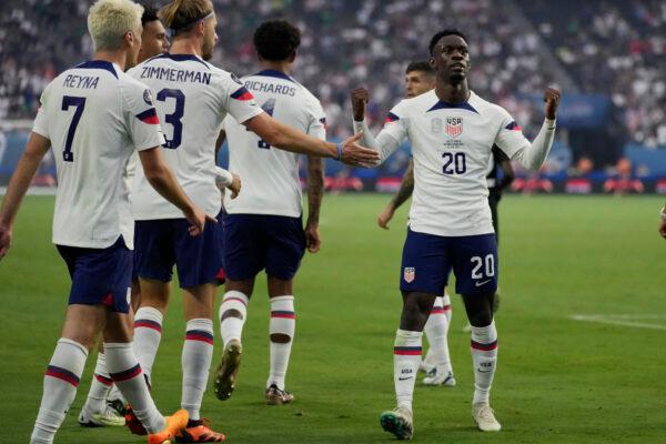 Folarin Balogun of the United States celebrates after scoring against Canada during the first half of a CONCACAF Nations League final match in Las Vegas on June 18, 2023. (John Locher/AP Photo)