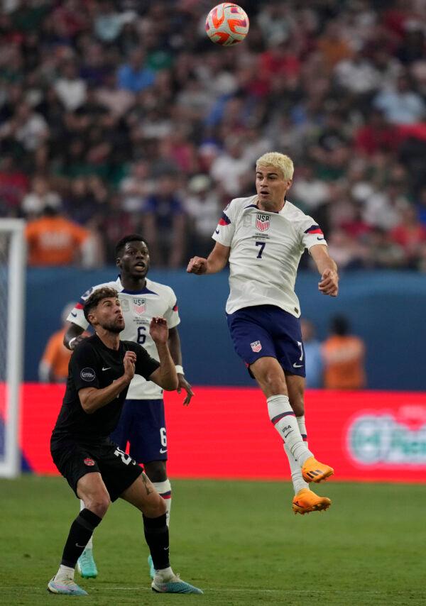 Giovanni Reyna of the United States makes a header against Canada during the first half of a CONCACAF Nations League final match in Las Vegas on June 18, 2023. (John Locher/AP Photo)