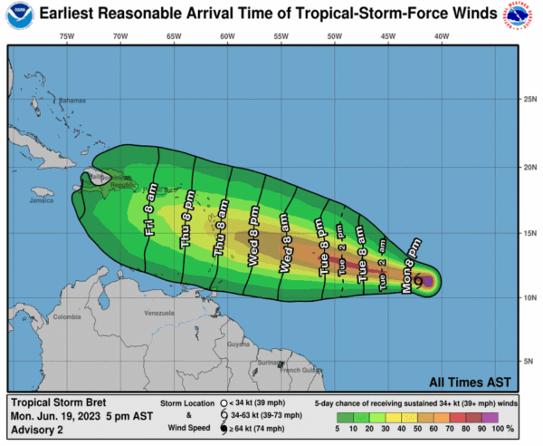 Tropical Storm Bret's forecast track map, on June 19, 2023. (National Hurricane Center)