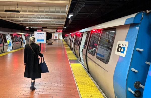 A Bay Area Rapid Transit (BART) passenger walks on an empty platform at the North Berkeley station in Berkeley, Calif., on March 15, 2023. (Justin Sullivan/Getty Images)