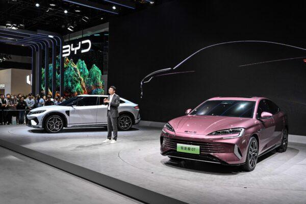 Fan Jihan, Deputy Director of Exterior design of BYD Global Design Centre, gives a speech during the presentation of BYD's new cars in Shanghai, China, on April 18, 2023. (Hector Retamal/AFP via Getty Images)