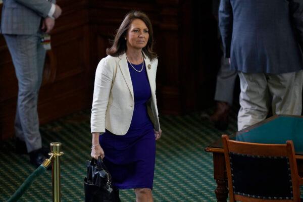 Texas state Sen. Angela Paxton, R-McKinney, wife of impeached state Attorney General Ken Paxton, arrives at the Senate Chamber at the Texas Capitol in Austin, Texas, on May 29, 2023. (Eric Gay/AP Photo)