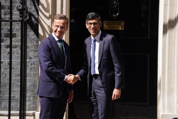 Prime Minister Rishi Sunak welcomes Swedish Prime Minister Ulf Kristersson to 10 Downing Street, London, on June 19, 2023. (James Manning/PA Media)