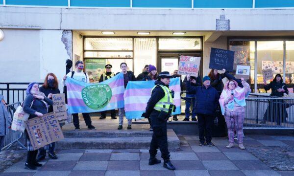 Trans rights activists take part in a demonstration outside Portobello Library in Edinburgh on March 14, 2023. (PA Media)